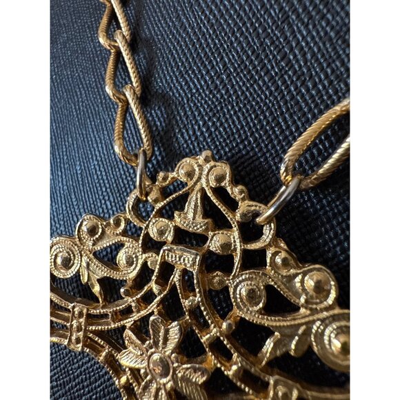 Vintage Gold-Tone Filigree Pendant Necklace With Double Cross Unique - Picture 4 of 15